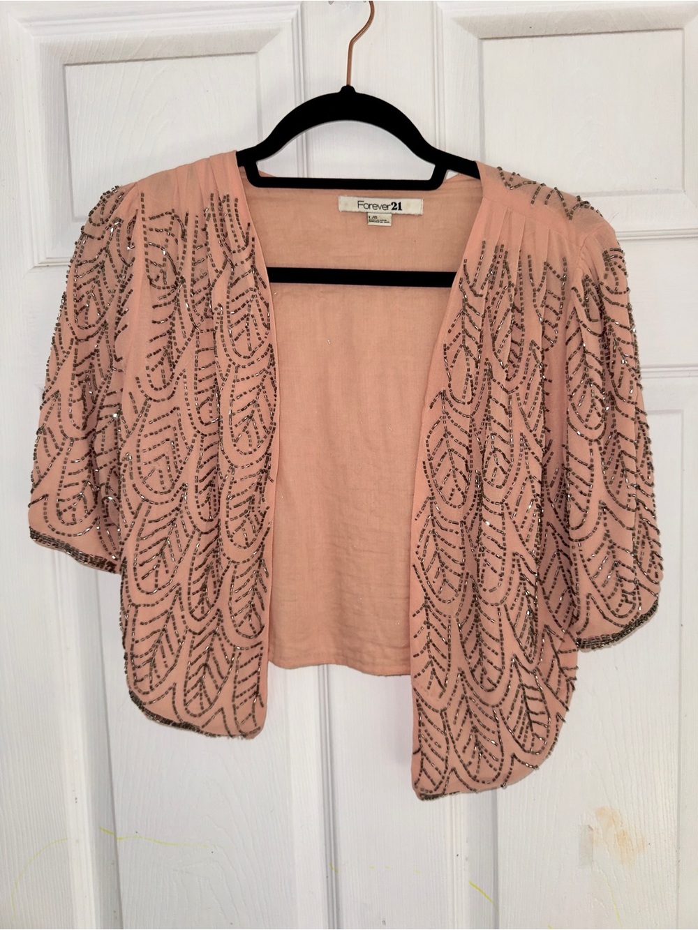 Forever 21 Blush Pink Peach Beaded Open-Front Cropped Shrug